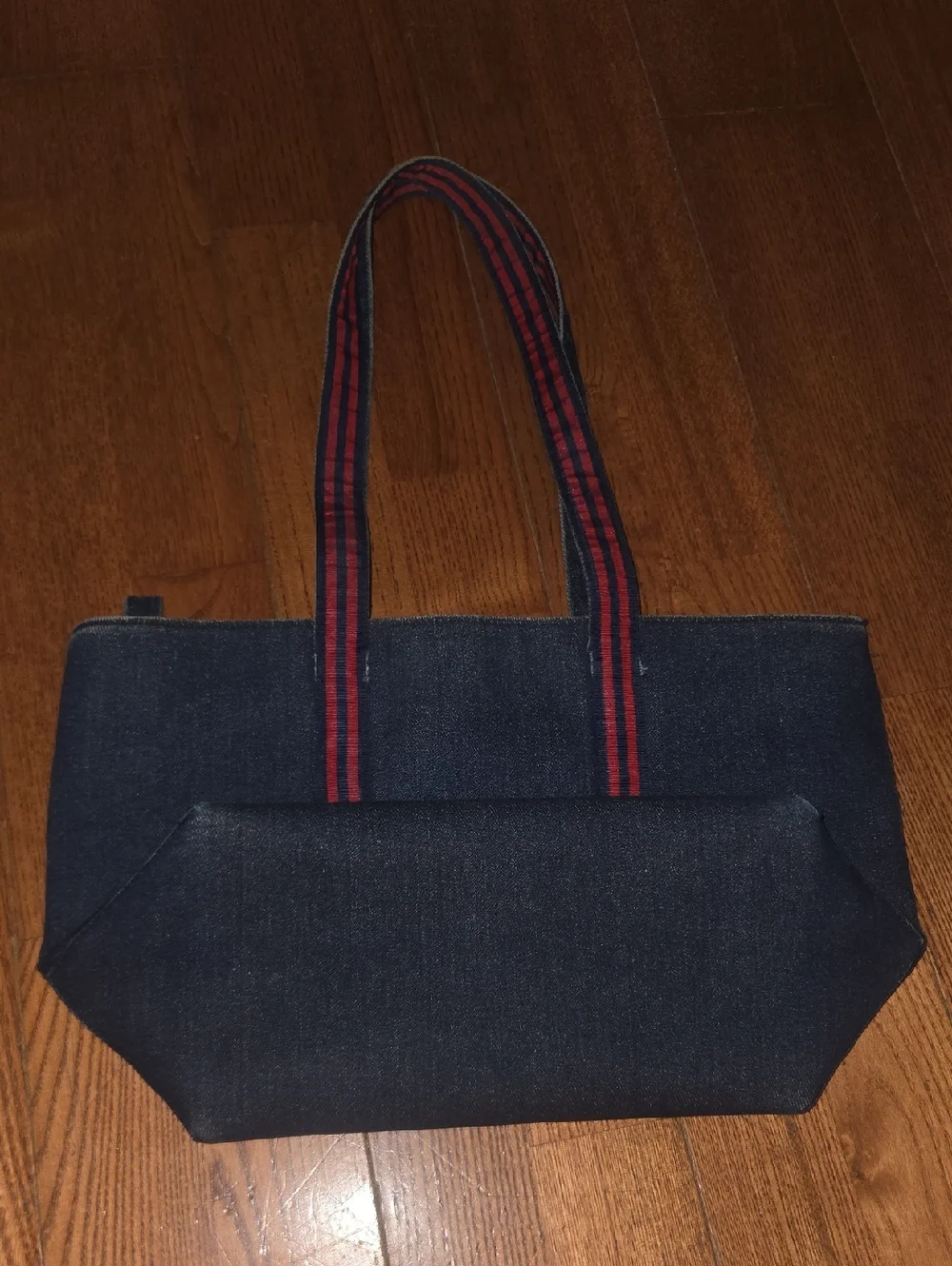 Denim Tote Bag with Red Stripe Handles - Picture 4 of 10